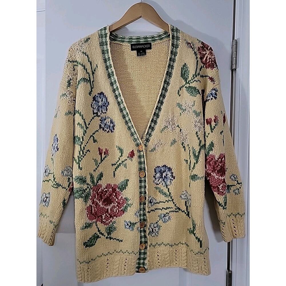 90s BUSHWACKER Vintage Cottagecore Floral V-neck Cardigan Sweater Yellow Sz‎ M